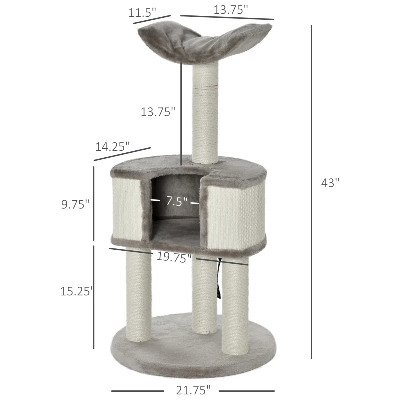 PawHut 43" Plush Cat Tree Activity Condo with Sisal Scratching Posts, Elevated Comfortable Perch, & Roomy Interior Area