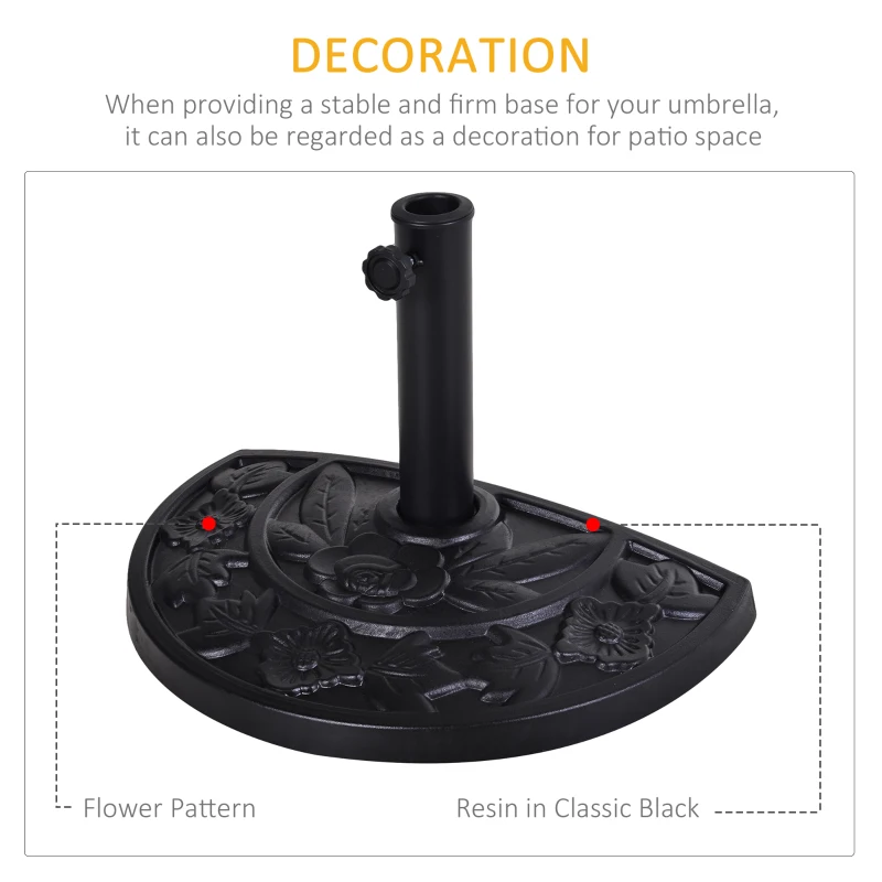 Outsunny 20 lbs Resin Half Round Patio Umbrella Base 20" Outdoor Decorative Parasol Stand Holder For Φ1.5", Φ1.9" Pole, Black