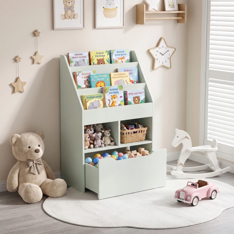 HOMCOM Kids Bookcase with Storage Drawer for Books, Reading Nook, for Classroom, Bedroom, Playroom, Green