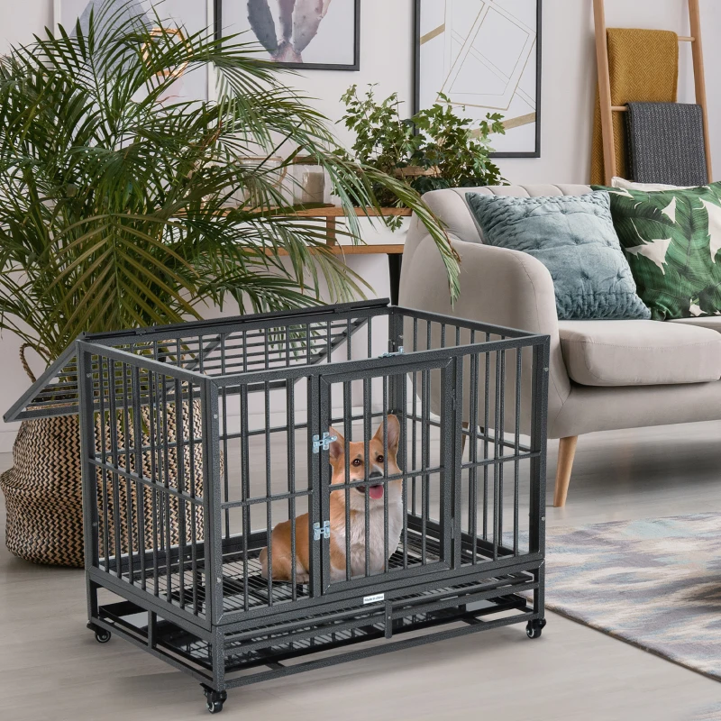 PawHut 36" Heavy Duty Dog Crate Metal Cage Kennel with Lockable Wheels, Double Door and Removable Tray, Gray