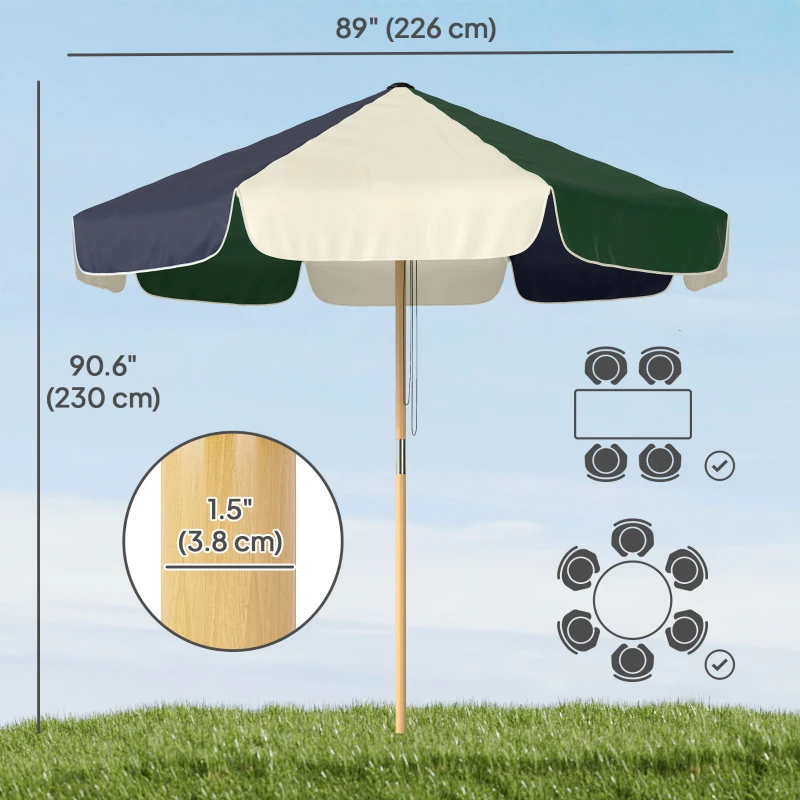 Outsunny 7.4 ft Patio Umbrella with Wood-Effect Frame, Colour-Blocked UPF 30+ Outdoor Market Table Umbrella Parasol, Dark Green