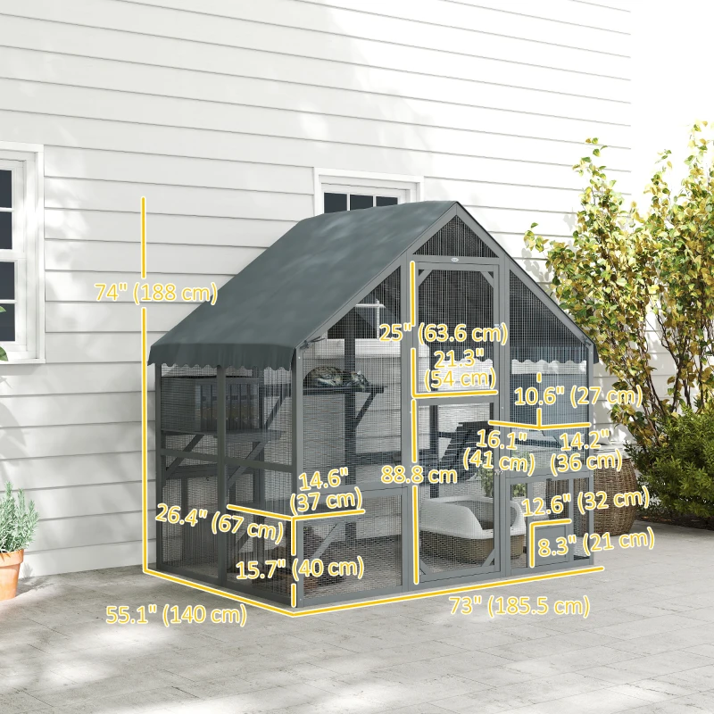 PawHut Large Catio Outdoor with Waterproof Cover, 2 Resting Boxes, 4 Platforms, Bridge, for 2-4 Kittens, Grey