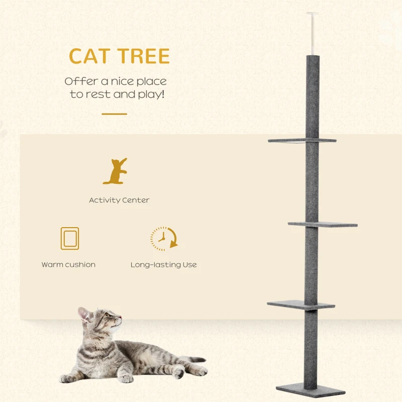 PawHut Floor-to-Ceiling Cat Tree Cat Climbing Tower with Sisal-Covered Scratching Posts Natural Cat Activity Center, Gray
