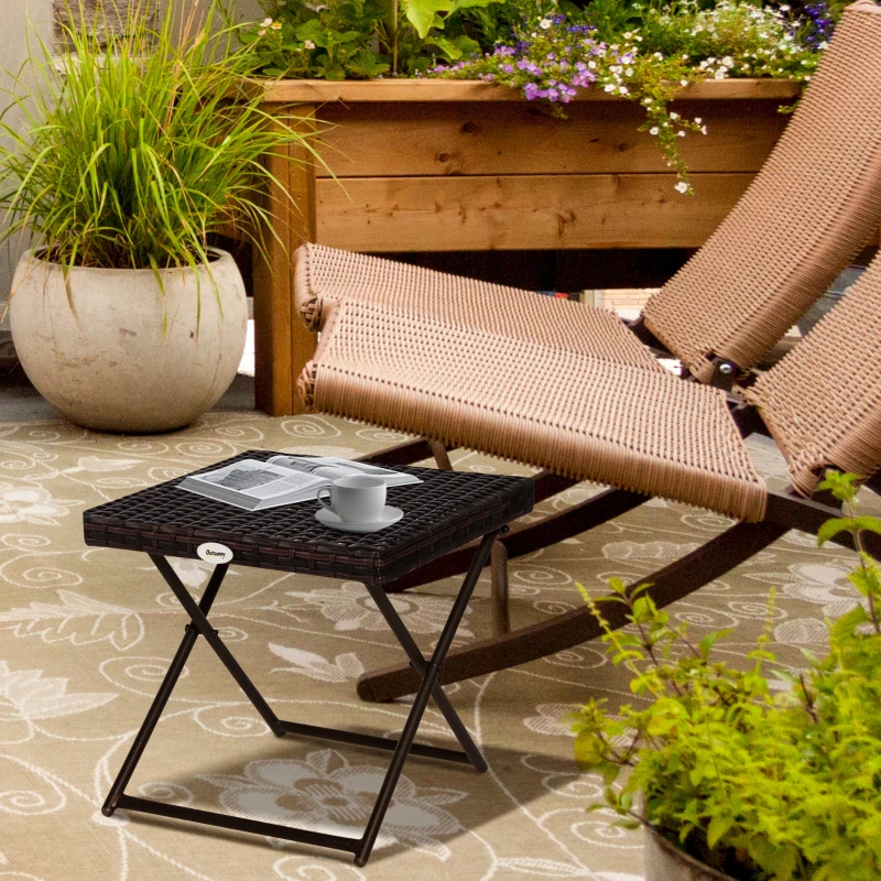 Outsunny Patio Wicker Coffee Table, Outdoor PE Rattan Garden Folding Side Table, 15.75"x15.75"x15.75", Brown