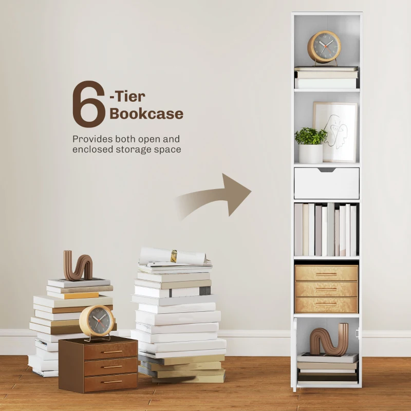 HOMCOM 6-Tier Bookcase, Tall Narrow Bookshelf with Drawer and Door, White