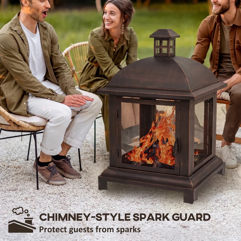 Outsunny Wood-Burning Fire Pit, Chimney Style Firepit with Poker, 26" x 26", Black