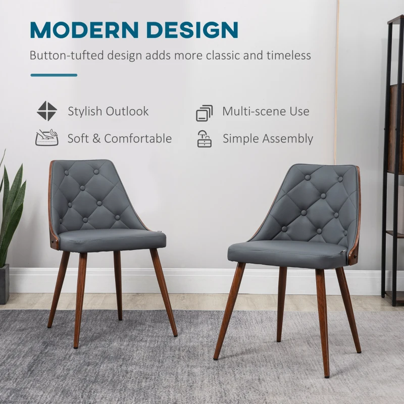 HOMCOM Dining Chairs Set of 2, Tufted Kitchen Chairs, PU Leather Upholstered Seats and Steel Legs for Dining Room, Grey