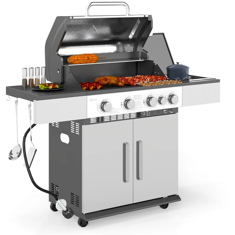 Outsunny 4+1 Burner Liquid Propane Gas Grill Outdoor Portable BBQ with Side Burner, Warming Rack, Side Shelf, Storage Cabinet, Thermometer, 4 Wheels, Tank Holder, Silver