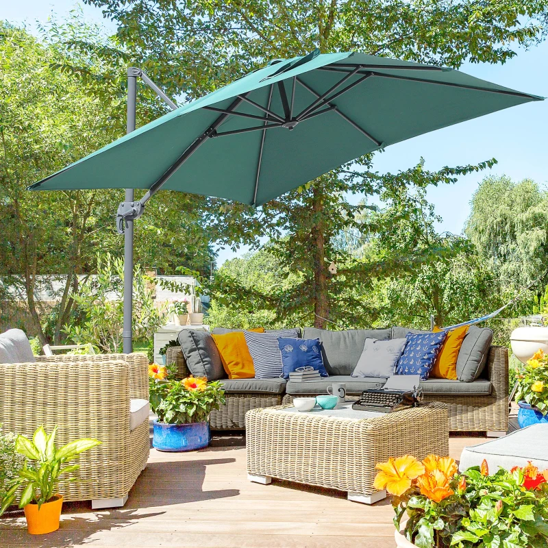 Outsunny 8' x 8' Square Patio Hanging Offset Umbrella Aluminum Outdoor Cantilever Crank Market Parasol Garden Sun Canopy Shelter 360° Rotation w/Cross Base Green