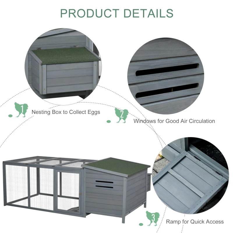 PawHut 88" Large Wooden Chicken Coop Outdoor Hen House Poultry Cage Pen Backyard with Run, Nesting Box, Waterproof Roof and Removable Tray, Gray