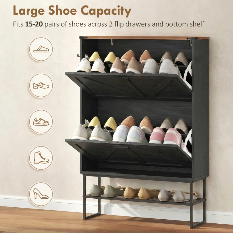 HOMCOM Narrow Shoe Storage Cabinet with 2 Flip Drawers, Slim Shoe Cabinet for 15-20 Pairs, Black Wood Grain