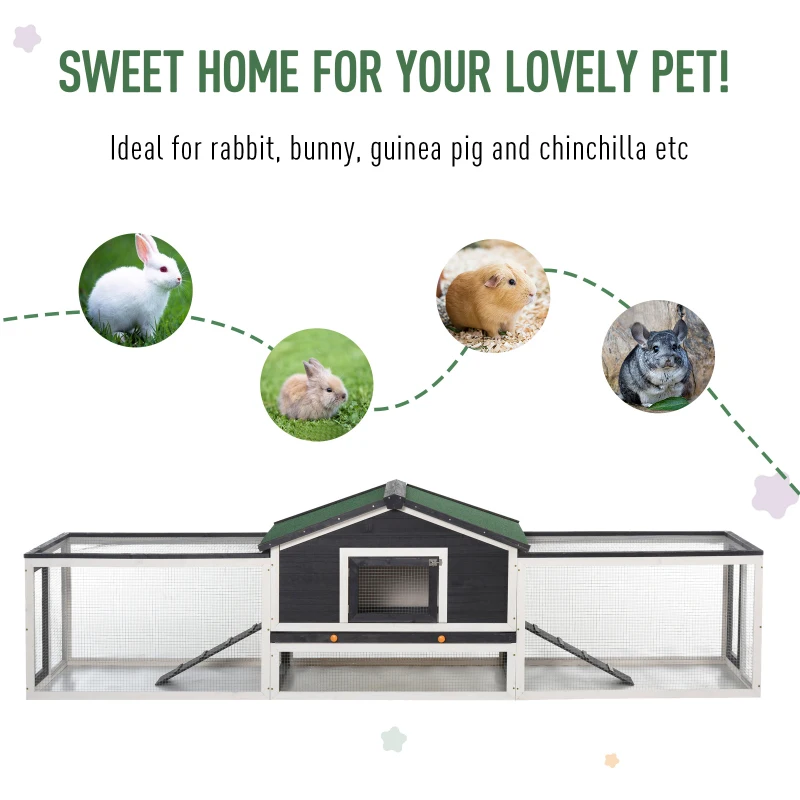 PawHut 122" Large Wooden Rabbit Hutch Bunny Hutch 2-Story Pet House Cage with Ramps, Lockable Doors, Run Area and Asphalt Roof for Outdoor Use, Grey