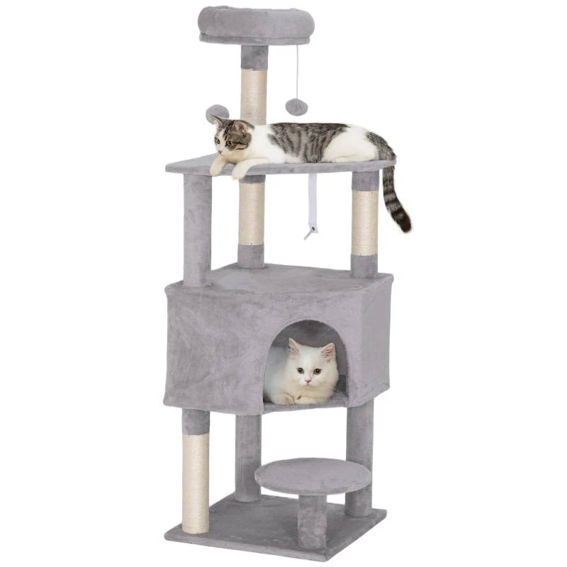PawHut 54 Inch Cat Tree with Large Condo, Top Perch, Sisal Scratching Posts, Dangling Toy Ball,Light Grey