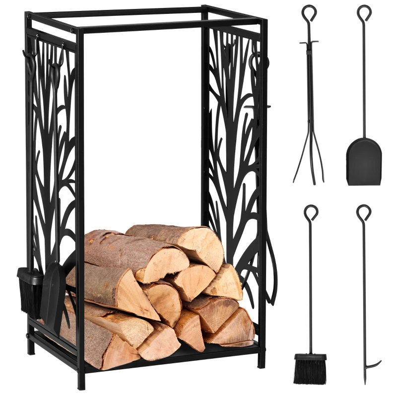 HOMCOM 18.1" x 11.8" x 27.6" Firewood Rack with 4 Tools, Log Holder for Fireplace, Outdoor Indoor Wood Storage Stacker, Black