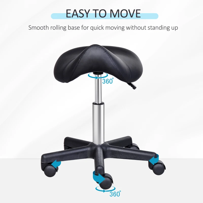 HOMCOM Saddle Stool, PU Leather Rolling Stool with Wheels, Adjustable Salon Chair for Kitchen, Salon Spa, Bar, Home Office, Massage, Black