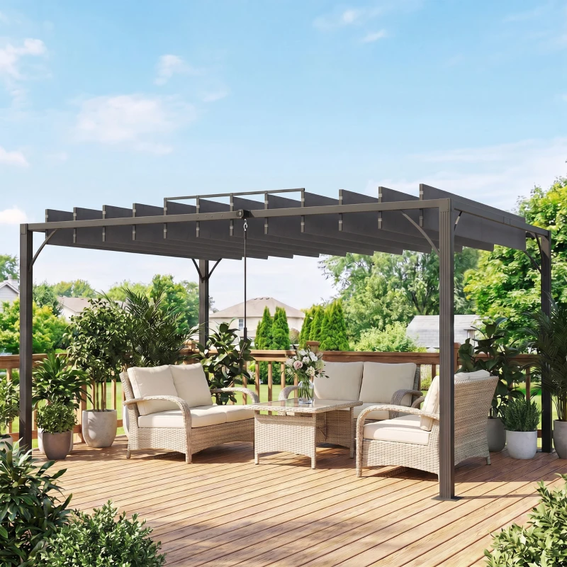 Outsunny 12.8' x 9.7' Outdoor Pergola with Retractable Roof, Aluminium Louvered Pergola Canopy Gazebo for Lawn Garden Patio, Grey