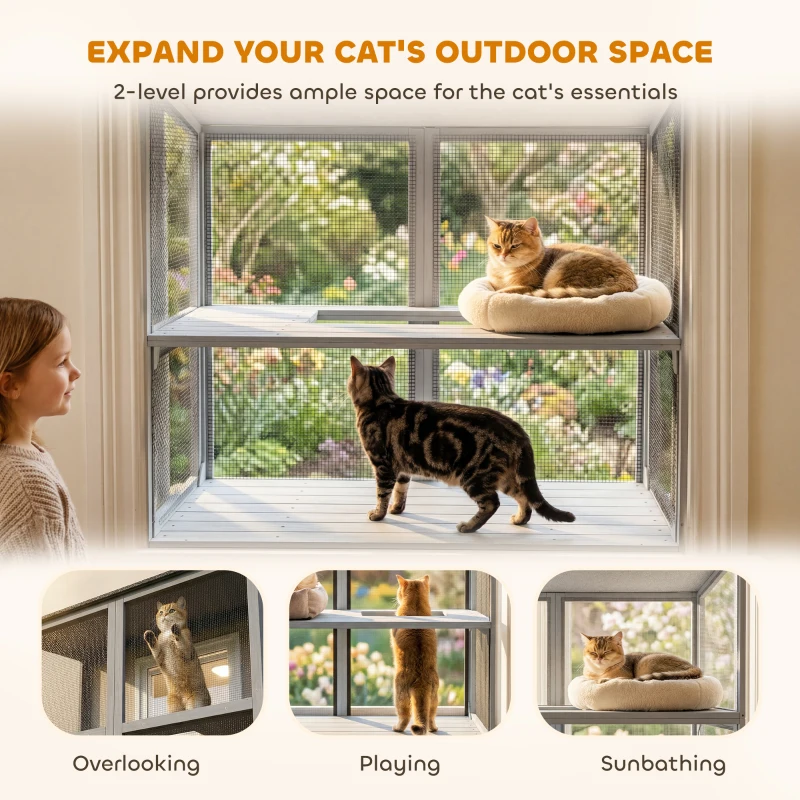 PawHut Catio Outdoor Cat Enclosure Wall-Mounted 2-Level Outdoor Cat House with Waterproof Roof 39.4" Grey