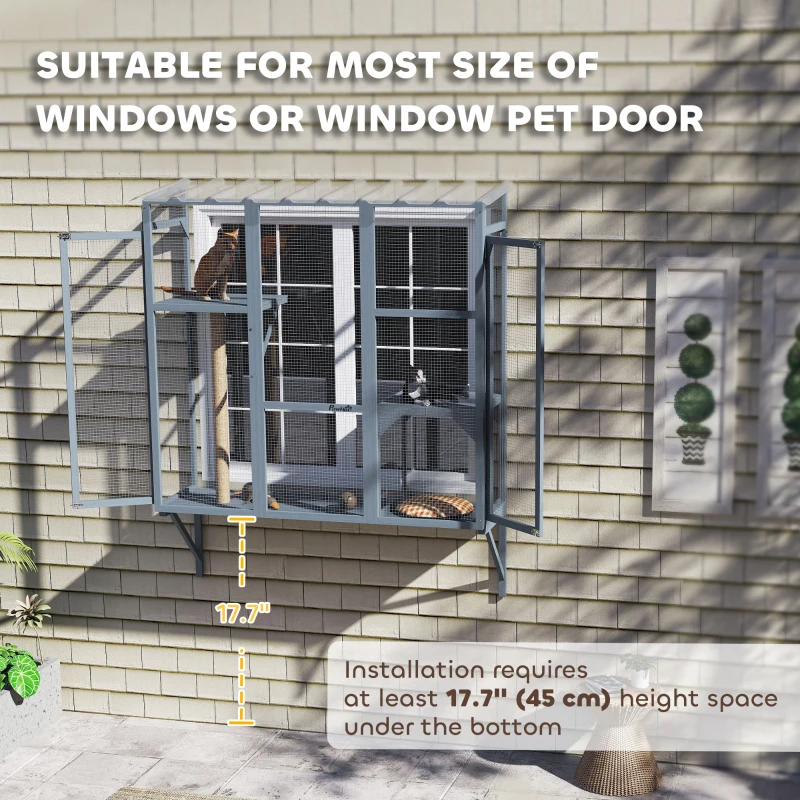 PawHut Wooden Catio Outdoor, Cat Window Box Enclosure for 2-3 Large Cats with 2 Jumping Platforms & Scratching Post, Grey