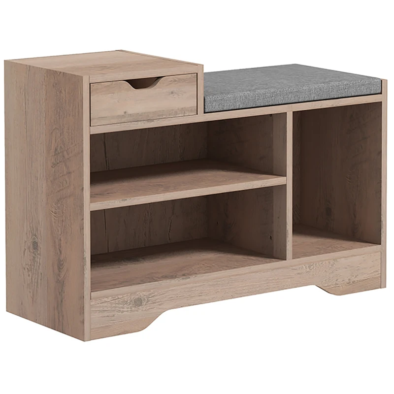 HOMCOM Upholstered Shoe Storage Bench, Hallway Shoe Storage with Seat, Drawer, 3 Open Shelves for Entryway, Grey
