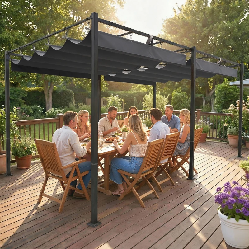 Outsunny 19' x 10' Pergola with Retractable Canopy, Patio Pergola with Sun Shade Shelter, UV50+, for Patio, Garden, Dark Grey