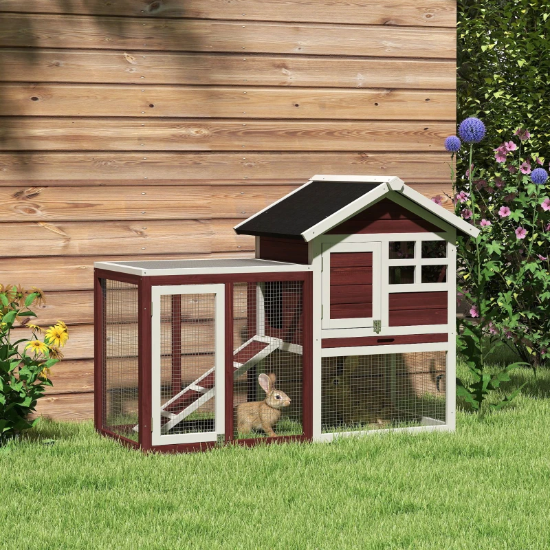 PawHut 49" Wooden Rabbit Hutch Bunny Cage with Waterproof Asphalt Roof, Fun Outdoor Run, Removable Tray and Ramp, Brown