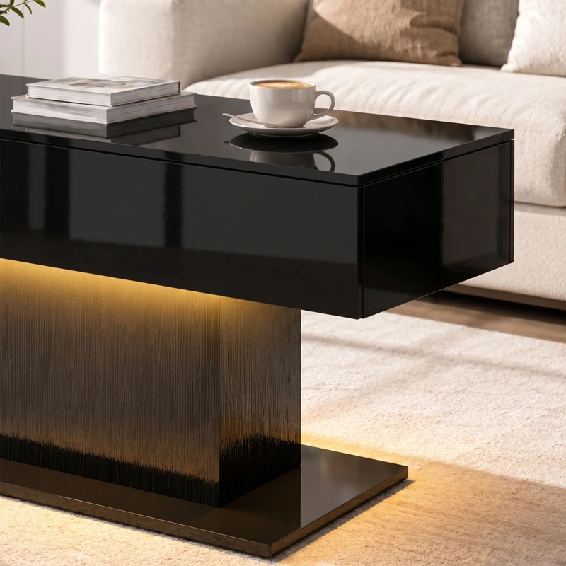 HOMCOM LED Coffee Table with Storage, High Gloss Modern Center Table with 2 Drawers and Remote Control for Living Room, Black