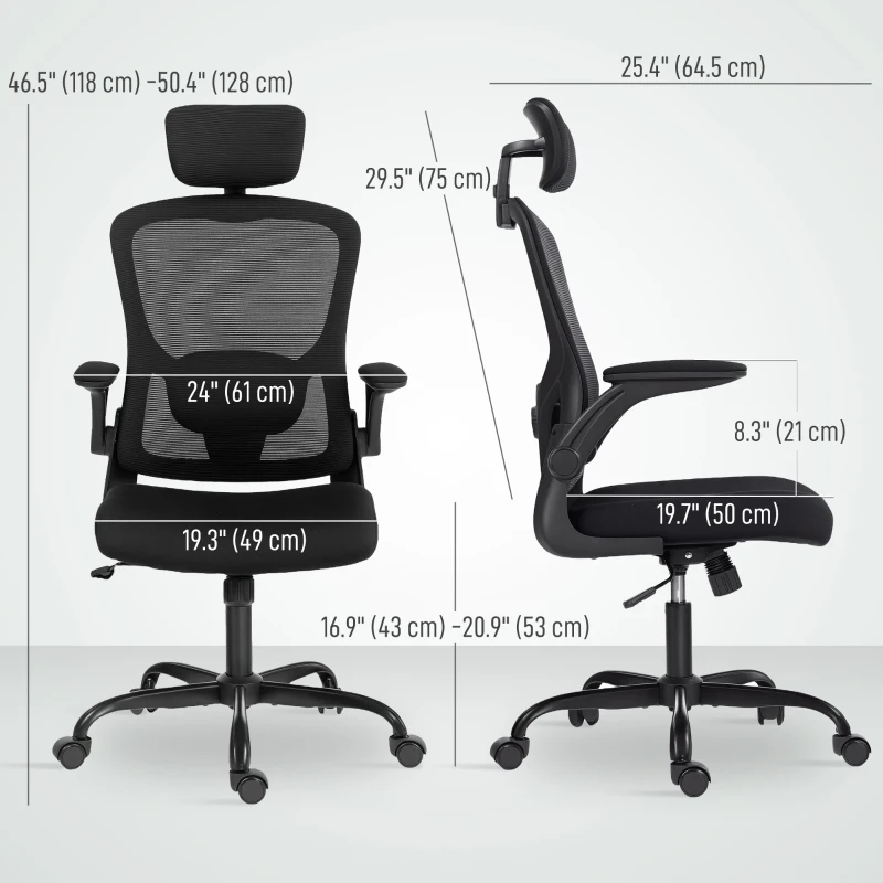 HOMCOM Ergonomic Office Chair, Mesh Desk Chair with Adjustable Headrest, Lumbar Support and Height, Flip-Up Armrests, Black