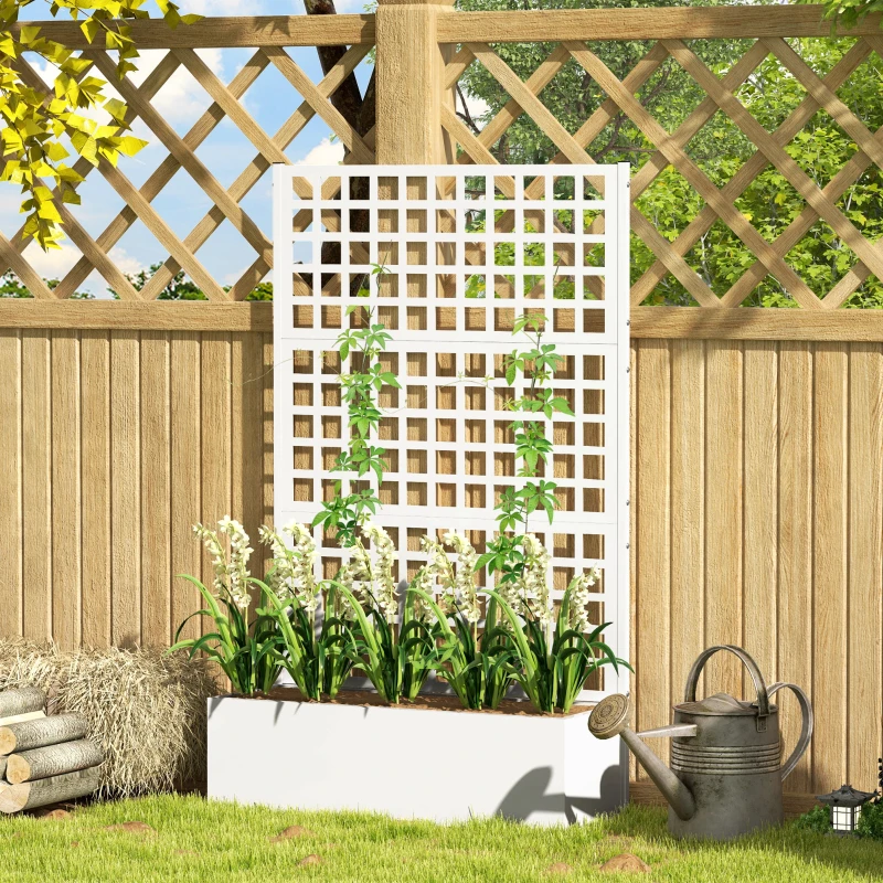 Outsunny Galvanized Raised Garden Bed Planter Box with Trellis for Climbing Plants, Vegetable, Vines, 43" x 16" x 70", White