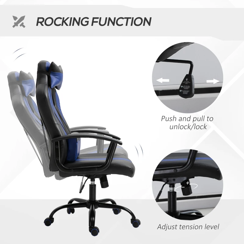 Vinsetto Office Chair High Back Racing Style Gaming Chair Adjustable PU Leather Swivel Computer Task Seat with Lumbar Support and Pillow Blue