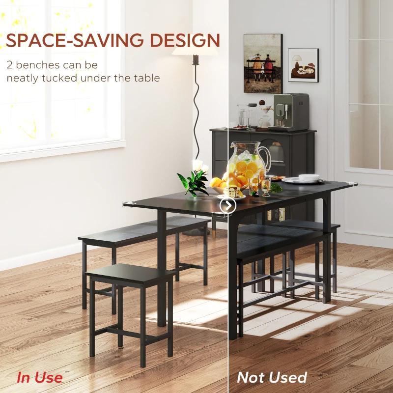 HOMCOM Extendable Dining Table Set, 5-Piece Dining Set for 4-6 with 2 Benches and 2 Stools for Small Spaces, Black