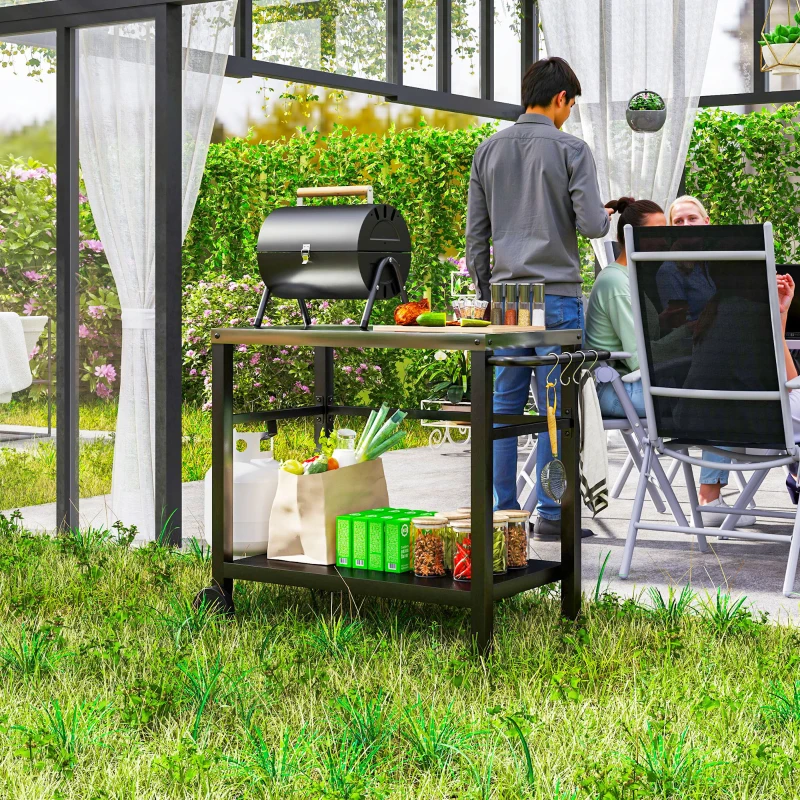 Outsunny Outdoor Grill Dining Cart with Stainless Steel Tabletop, 2-Shelf BBQ Movable Pizza Oven Stand with Wheels, Charcoal Grey