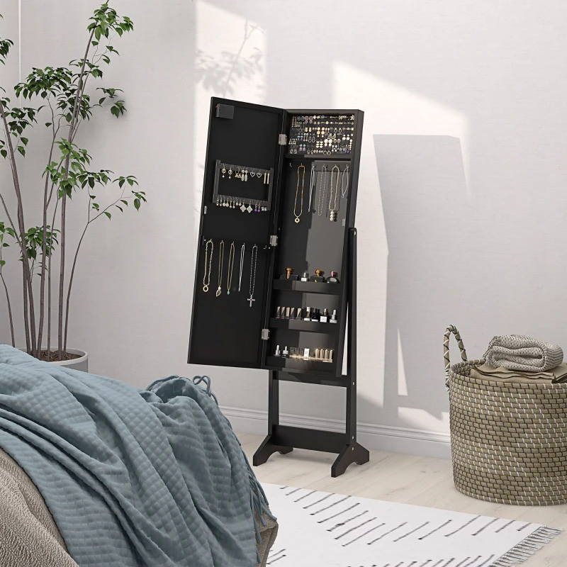 HOMCOM Free Standing Armoire Organizer, Lighted Mirrored Jewelry Cabinet w/ Angle Adjustable & 16 LED Lights Black