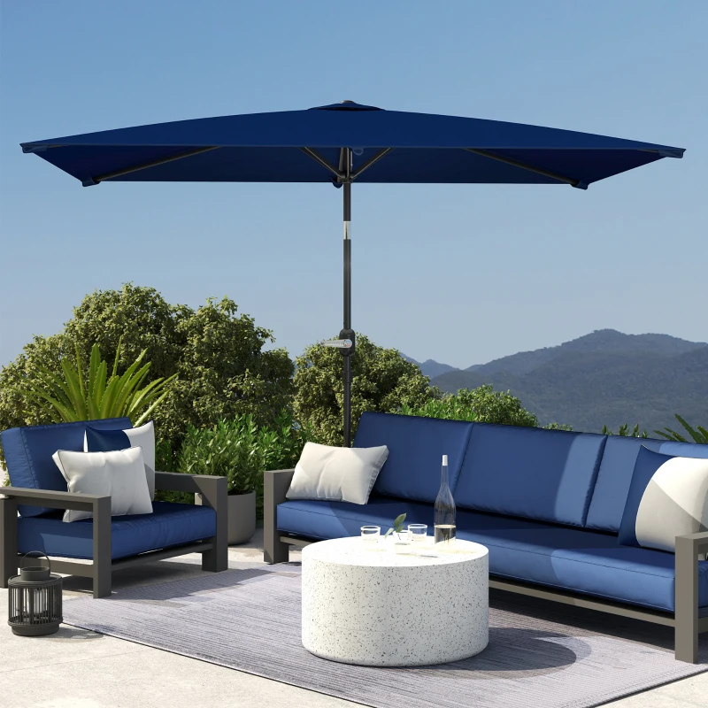Outsunny 6.5x9.6ft Rectangle Aluminum Tilt Patio Umbrella, Garden Market Parasol, Outdoor Sunshade Canopy with Crank, Navy Blue