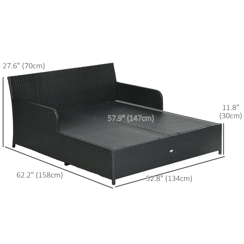 Outsunny Patio Rattan Double Lounge Daybed, Outdoor Wicker Armrests Chaise Lounge for 2-Person with Cushion & Pillow, Grey