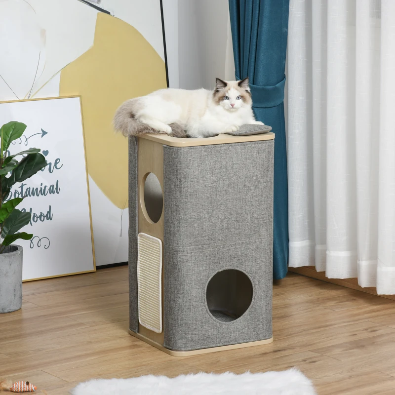 PawHut Wooden Cat Condo 3 Story Barrel Tower w/ Perch Removable Cover Cushions Sisal Scratching Carpet, Grey