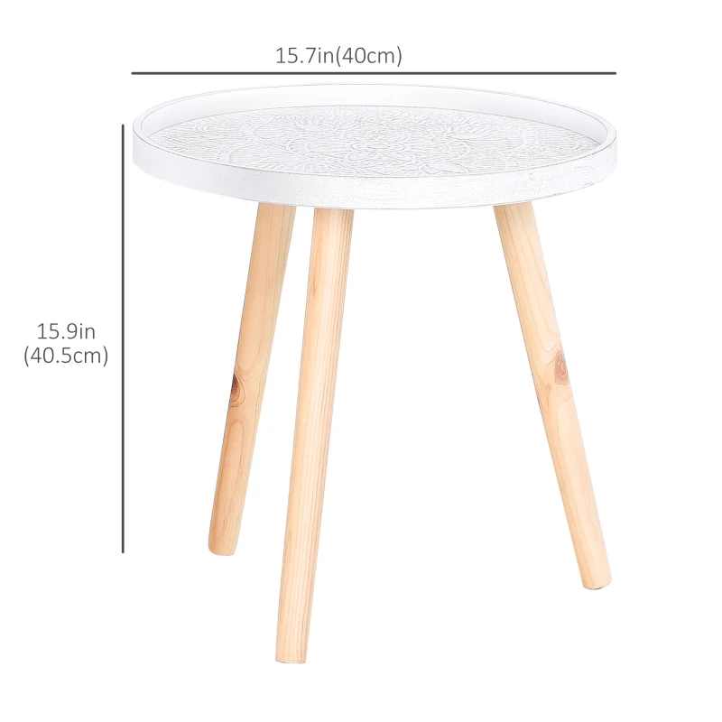 HOMCOM Round Coffee Table, Carved Floral End Table with Tray-style Top and Wooden Legs for Living Room