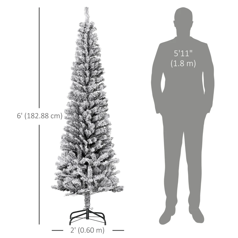 HOMCOM 6ft Flocked Christmas Tree, Pencil Christmas Tree with Realistic Branch Tips, Folding Metal Stand, Black