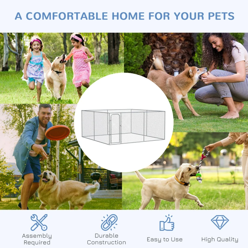 PawHut Dog Kennel Outdoor Galvanized Chain Link Fence Heavy Duty Pet Run House Chicken Coop with Secure Lock Mesh Sidewalls for Backyard Garden Silver, 13' L x 13' W x 5.9' H