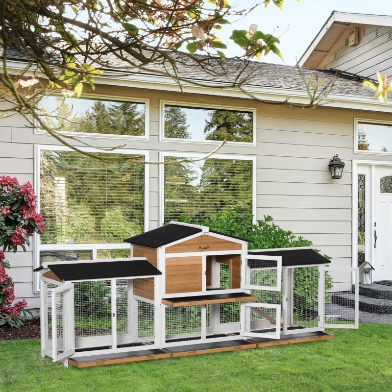 PawHut 90.5" Wooden Rabbit Hutch Bunny Cage Pet Playpen House Enclosure with Double Side Run Boxes, No Leak Tray, Ramp, White
