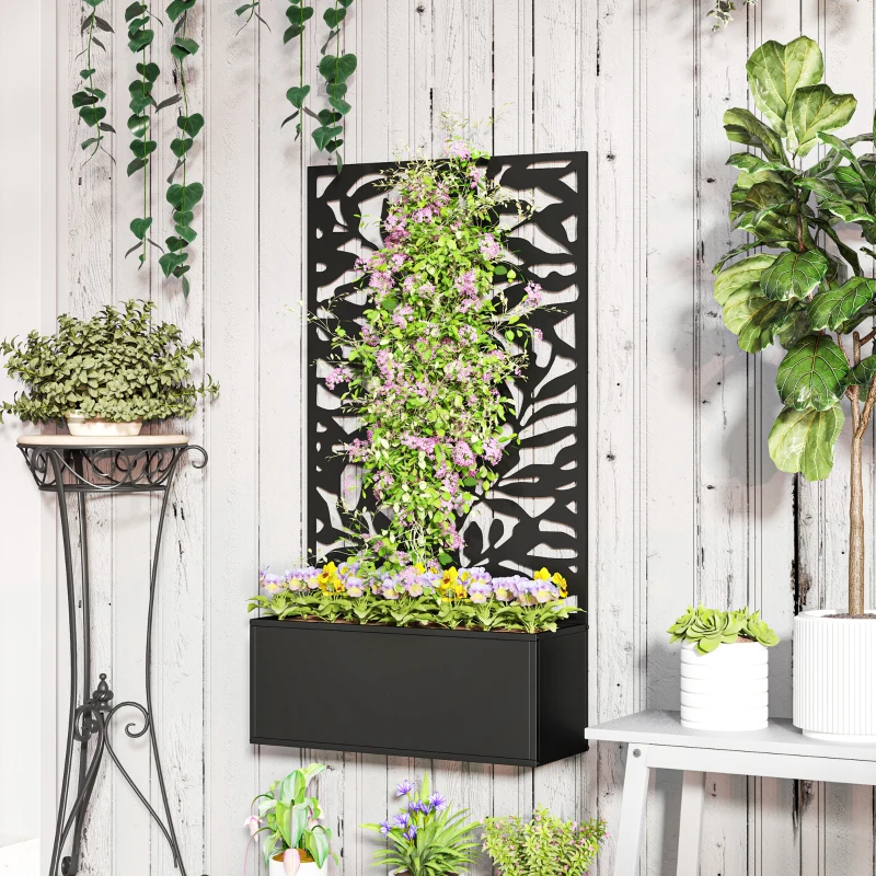 Outsunny Raised Garden Bed with Trellis, Outdoor Privacy Screen with Planter Box, 24" x 9.1" x 44.5", Black