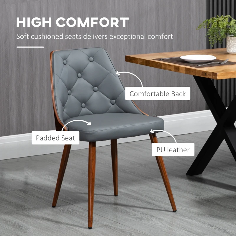 HOMCOM Dining Chairs Set of 2, Tufted Kitchen Chairs, PU Leather Upholstered Seats and Steel Legs for Dining Room, Grey