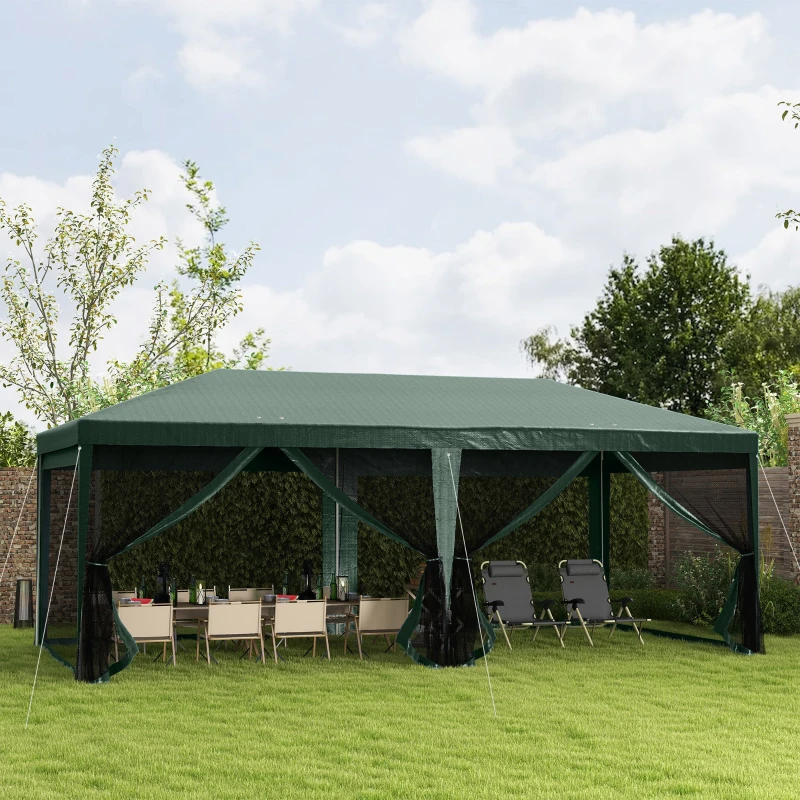 Outsunny 10' x 20' Party Tent Outdoor Canopy Garden Sun Shade with 8 Mosquito Mesh Netting and Zipper Door, Green