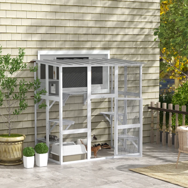 PawHut Catio Outdoor Cat Enclosure, Window Box Wooden Cat House with Bridge Platforms, White