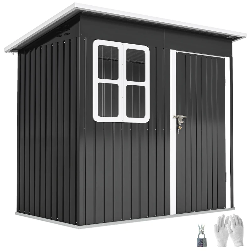 Outsunny 7' x 4' Galvanised Steel Outdoor Storage Shed, Garden Shed with Window, Lockable Wide Door and Air Vents, Dark Grey