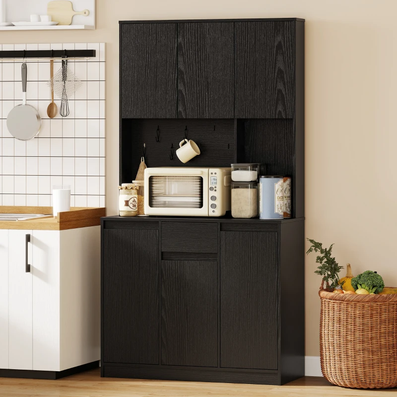 HOMCOM 71" Pantry Cabinet with Charging Station, Kitchen Storage Cabinet with Microwave Stand, Pegboard, 6 S-hooks, Black