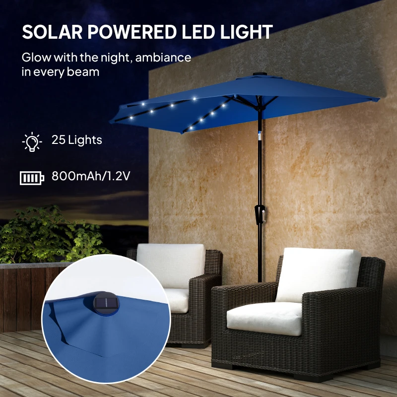 Outsunny Half Outdoor Patio Umbrella with Solar LED Lights Half Umbrella with Crank 105.1" x 53.5" Navy Blue