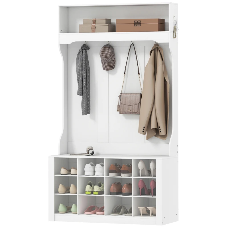 HOMCOM 4-In-1 Hall Tree with Bench and Shoe Storage, Farmhouse Coat Rack Shoe Bench with 12 Shoe Cubbies, 6 Hooks, White