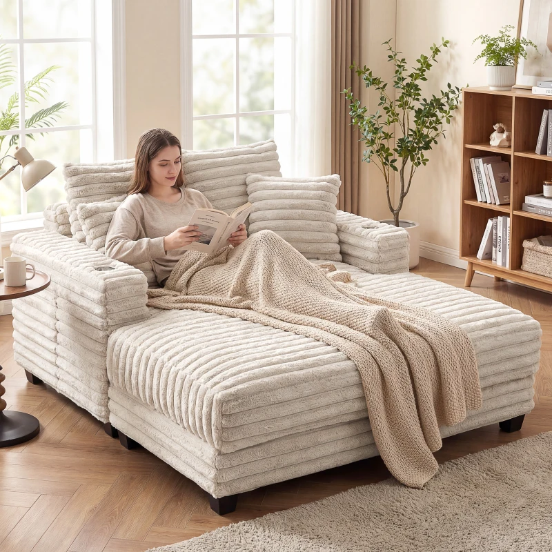 HOMCOM 60" Chaise Lounge Chair, Oversized Upholstered Sofa Bed with Cup Holders & Pillows, Sleeper Couch for Living Room, Beige