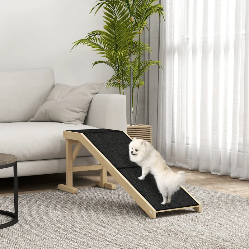 PawHut Pet Ramp Bed Steps for Dogs Cats Non-slip Carpet Top Platform Pine Wood 59"L x 16"W x 20"H Natural Wood