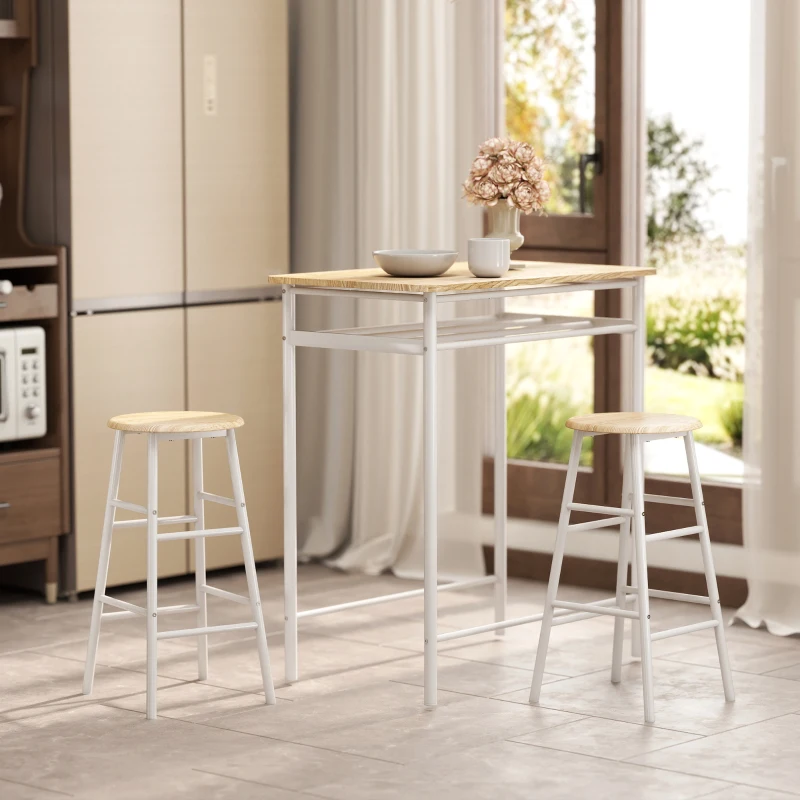 HOMCOM 3 Piece Counter Height Bar Table Set with 1 Table, 2 Matching Stools, Dining Table Set with Storage Shelf and Metal Frame Footrest, White and Oak